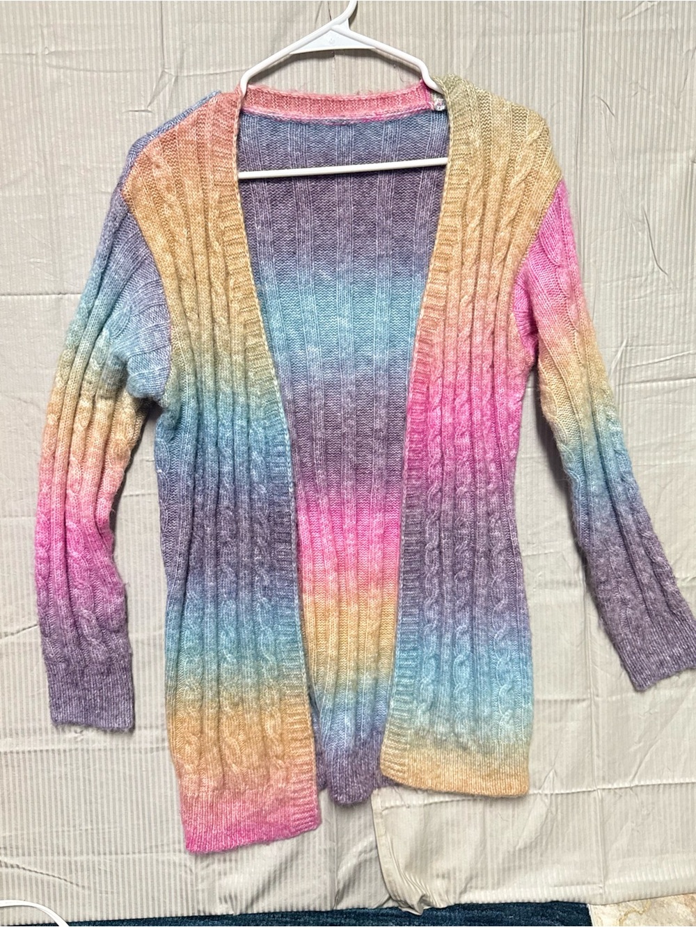 SHEIN Pastel Rainbow Cable Knit Open-Front Cardigan
